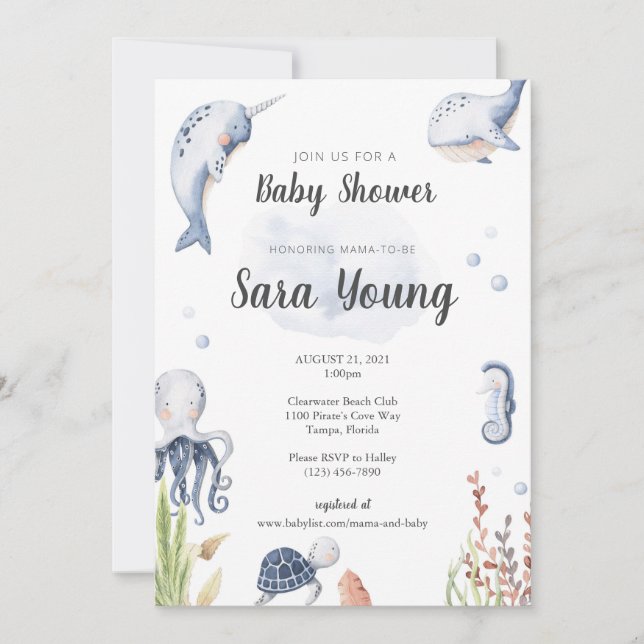 Under inbjudan till Sea Watercolor Baby Shower (Framsida)