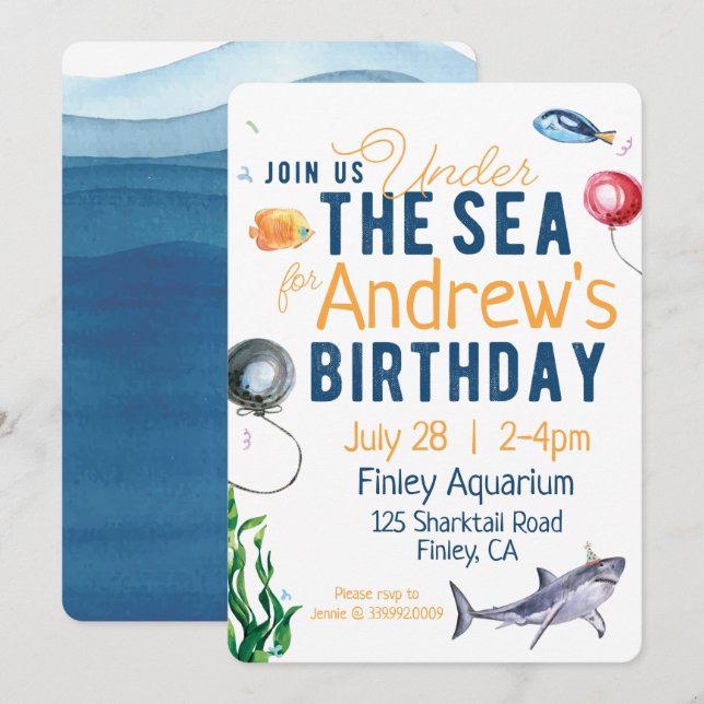 Under inbjudan till Sea Watercolor Birthday (Fram/baksida)