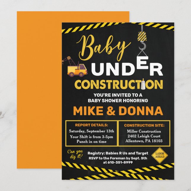 Under konstruktion Baby Shower Inbjudan (Fram/baksida)