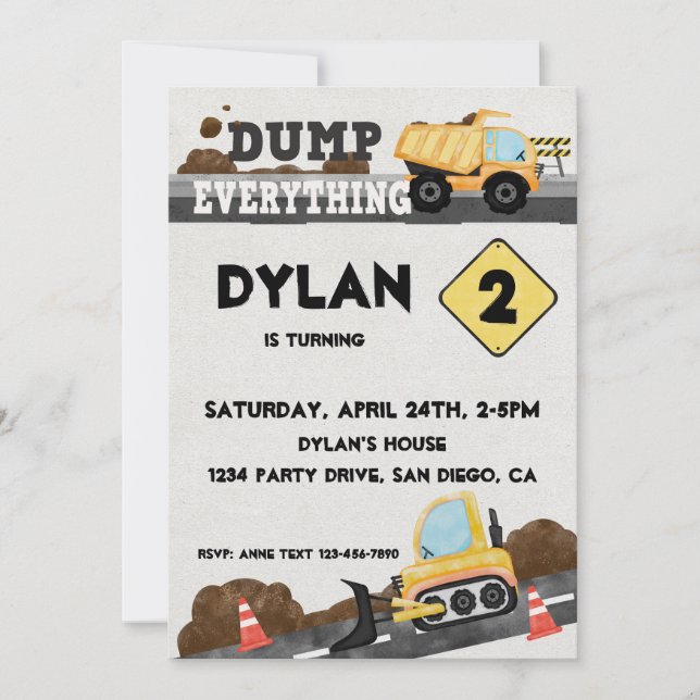 Under konstruktion fest lastbil inbjudningar (Framsida)