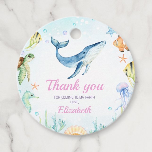 Under Märkrn Sea Birthday Tack Round Gåvor Etiketter (Framsida)