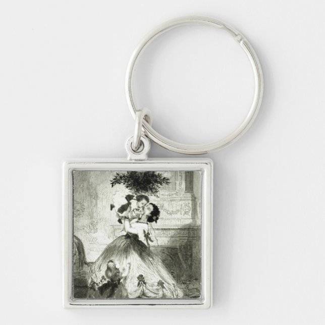 Under Mistletoe'en Fyrkantig Silverfärgad Nyckelring (Framsidan)