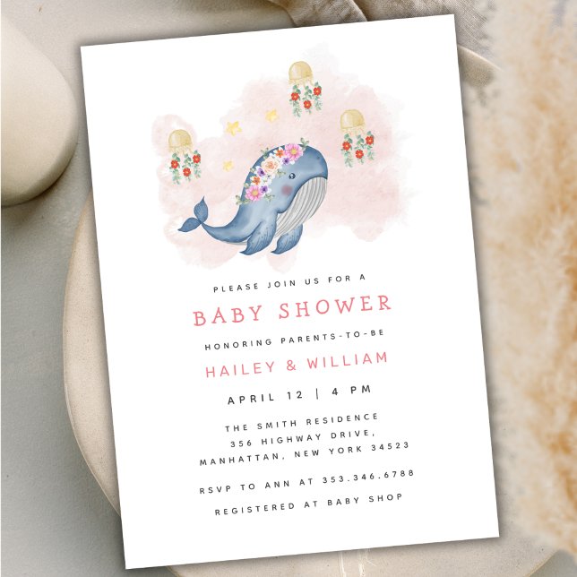Under Se Sweet Whale Blommigt Baby Shower Inbjudningar (Under The See Sweet Whale Floral Baby Shower Invitation)