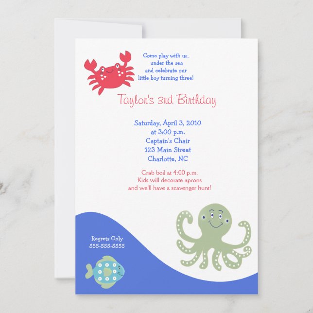 Under Sea 5x7 Calypso Birthday Crab Inbjudningar (Framsida)