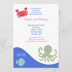 Under Sea 5x7 Calypso Birthday Crab Inbjudningar