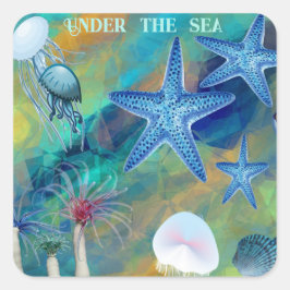 Under Sea Anemones Starfish Jellyfish Blue Kid Fyrkantigt Klistermärke