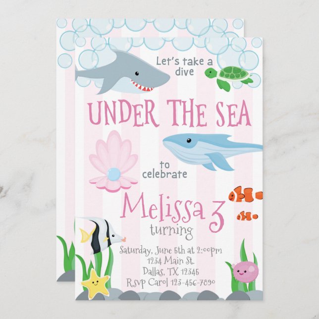 Under Sea Animal Födelsedagsfest inbjudan (Fram/baksida)