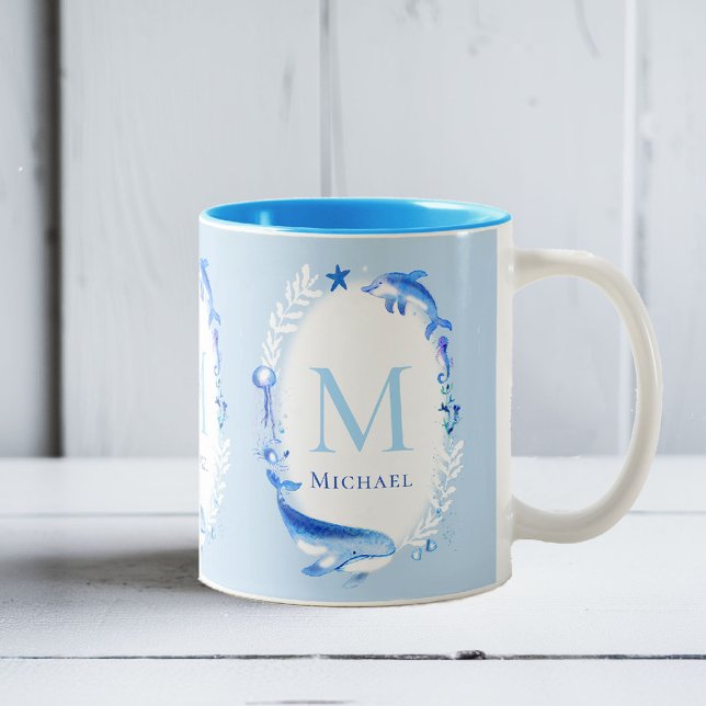 Under Sea Animals Nautical Beach Gift Personlig Två-Tonad Mugg (beach house mug personalized monogram sea animals whale dolphin blue nautical ocean grandchild baby )