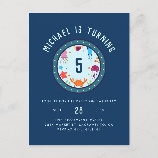 Under Sea Animals Porthole Blue Födelsedagsfest Inbjudan Vykort (Framsida)