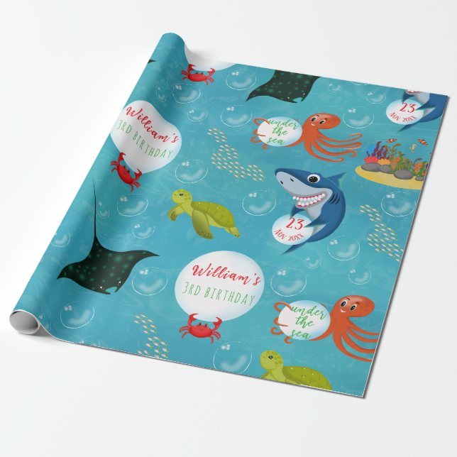 Under Sea Animals Vatten Bubbles Mönster Presentpapper (Utrullad)