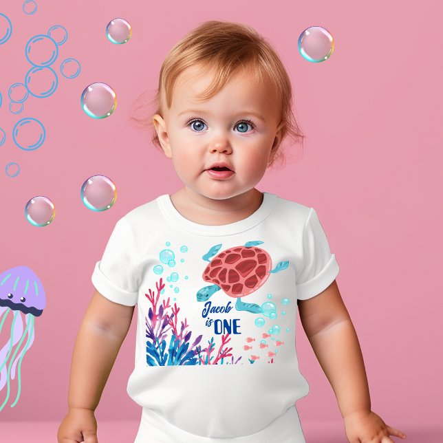 Under Sea Baby 1:a födelsedag fyller Namn sköldpad T Shirt (Skapare uppladdad)
