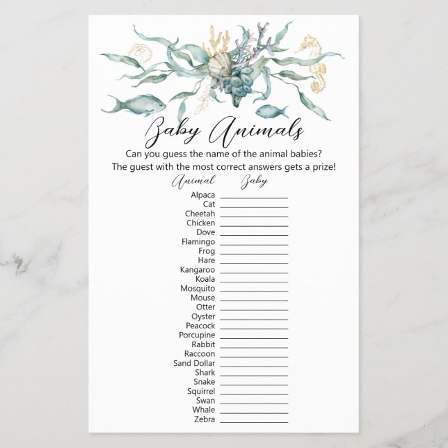 Under Sea Baby djur Game Card Flygblad (Framsidan)