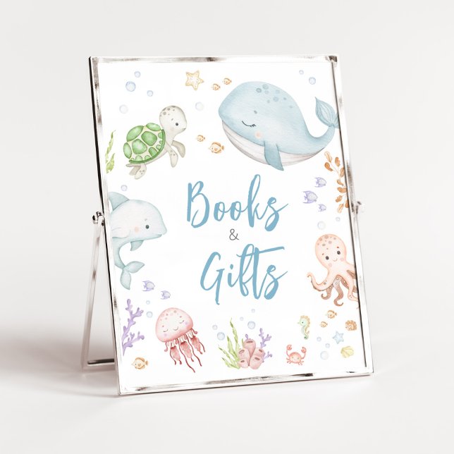 Under Sea Baby Shower Bokar och gåvor Poster (Sea Creatures Ocean Baby Shower Books and Gifts Sign)