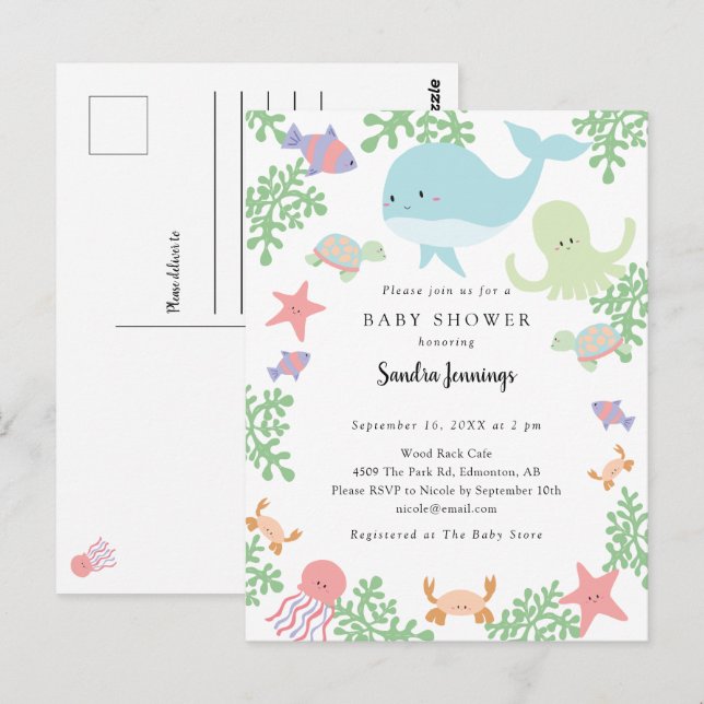 Under Sea Baby Shower Cute Pastel Kawaii Vykort (Fram/baksida)