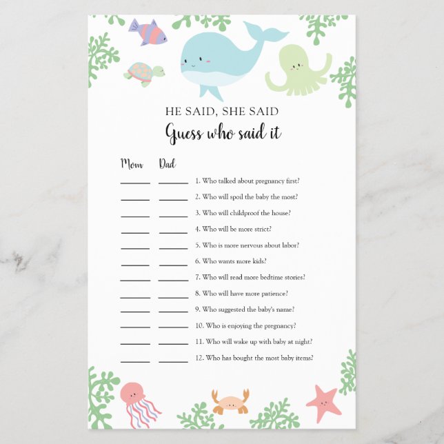 Under Sea Baby Shower Gissa vem som sa att det spe Flygblad (Framsidan)