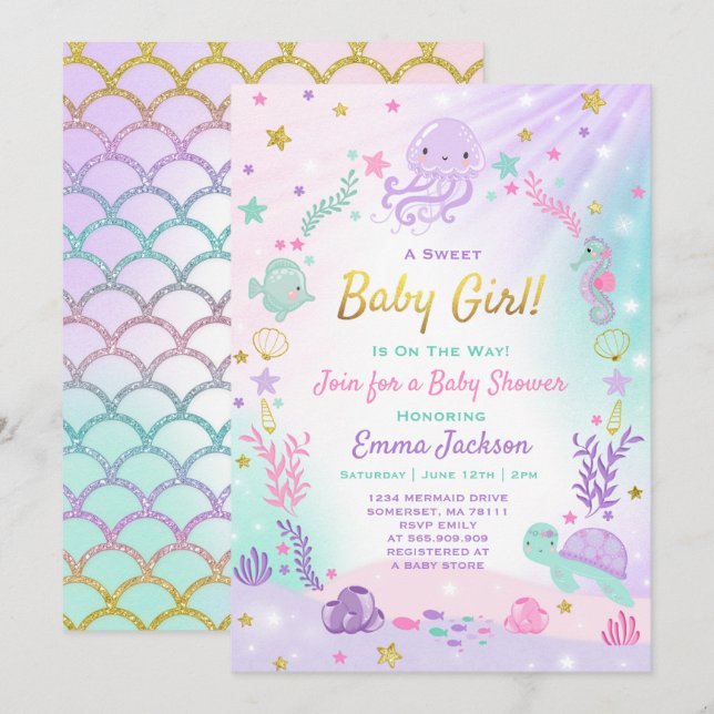 Under Sea Baby Shower-inbjudan Rosa & Guld Inbjudningar (Fram/baksida)