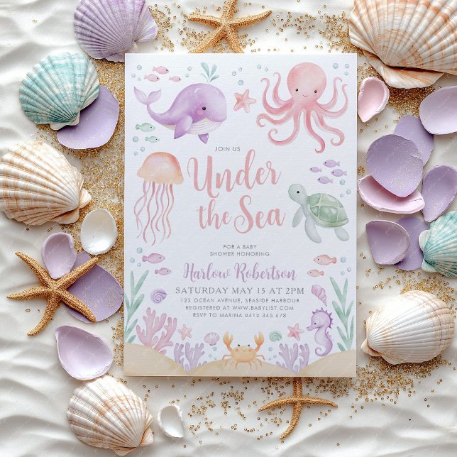 Under Sea Baby Shower Ocean Girl Bright Inbjudningar (Under the Sea Baby Shower girl Invitation | Ocean animal pink purple design.)