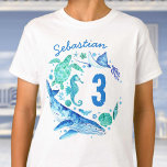 Under Sea Birthday Boy Watercolor Whale T Shirt<br><div class="desc">En design för en undervattenspojke under firande för din födelsedagspojke med handmålade vattenfärgade havslevande varelser som val,  sköldpaddor,  maneter och havshästar! Du kan anpassa namn och ålder. Se hela matchande party-samling.</div>