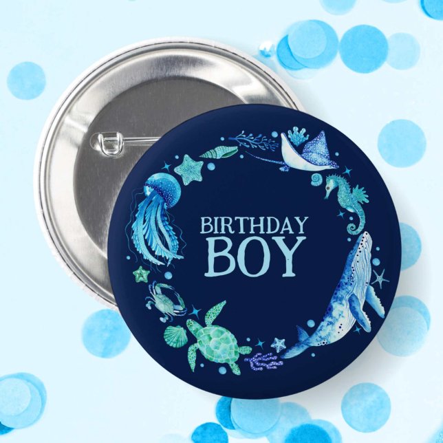 Under Sea Birthday Boy Whale Navy Knapp (Under the Sea Birthday Boy Whale Navy Button)