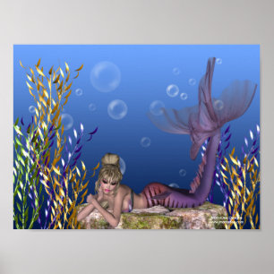 Under Sea Blonde Sjöjungfru Fantasy Print Poster