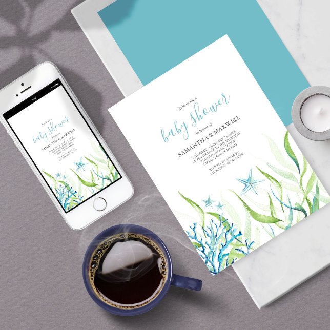 Under Sea Blue and Grönt Baby Shower Inbjudningar (Baby Shower Invitation Under The Sea Blue and Green )