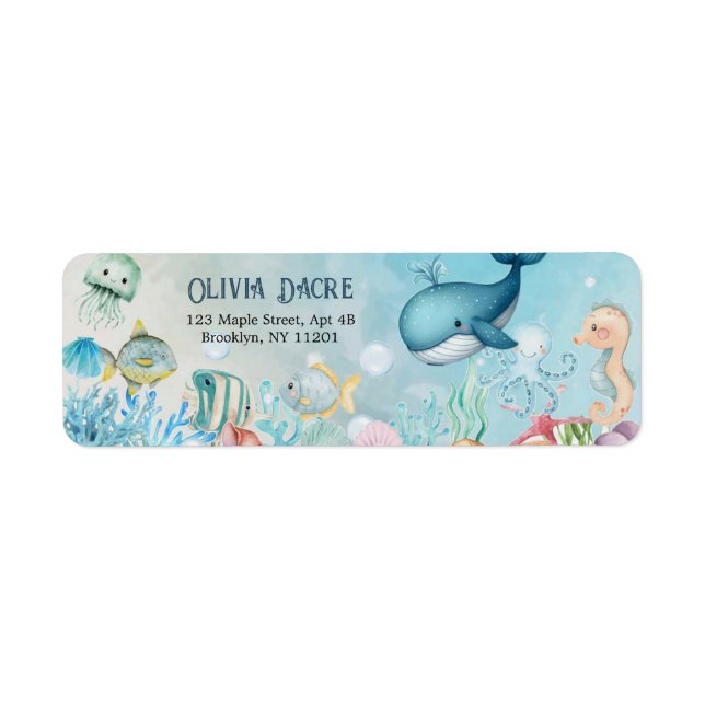 Under Sea Blue Boy Baby Shower Returadress Etikett (Framsidan)