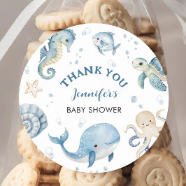 Under Sea Blue Boy Watercolor Baby Shower Runt Klistermärke