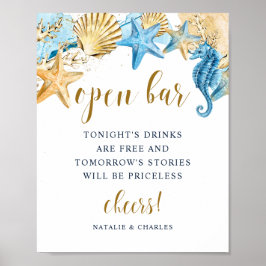 Under Sea Blue Guld Bröllop Open Pub-skylten Poster