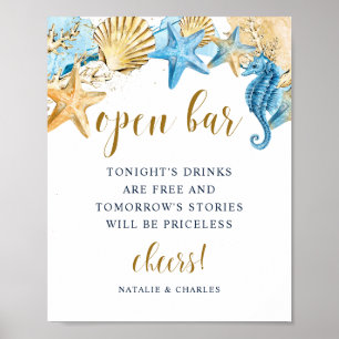 Under Sea Blue Guld Bröllop Open Pub-skylten Poster