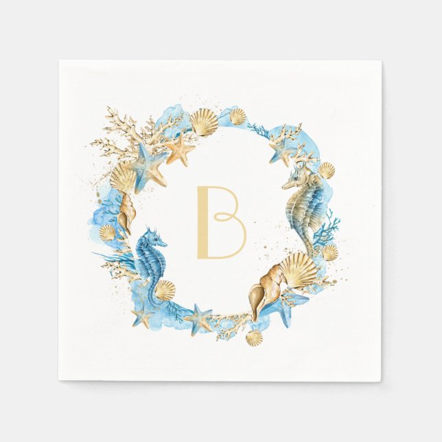 Under Sea Blue Guld Monogram Pappersservett (Framsidan)