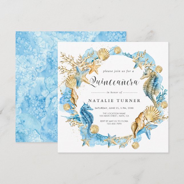 Under Sea Blue & Guld Quinceañera Square Inbjudningar (Fram/baksida)