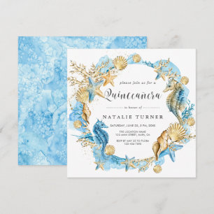 Under Sea Blue & Guld Quinceañera Square Inbjudningar