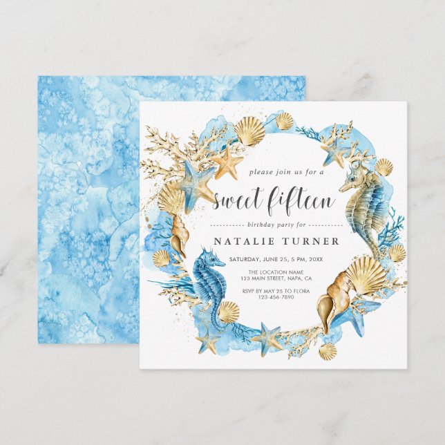 Under Sea Blue & Guld Sweet Femton Square Inbjudningar (Fram/baksida)