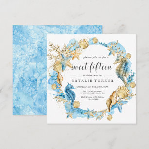 Under Sea Blue & Guld Sweet Femton Square Inbjudningar