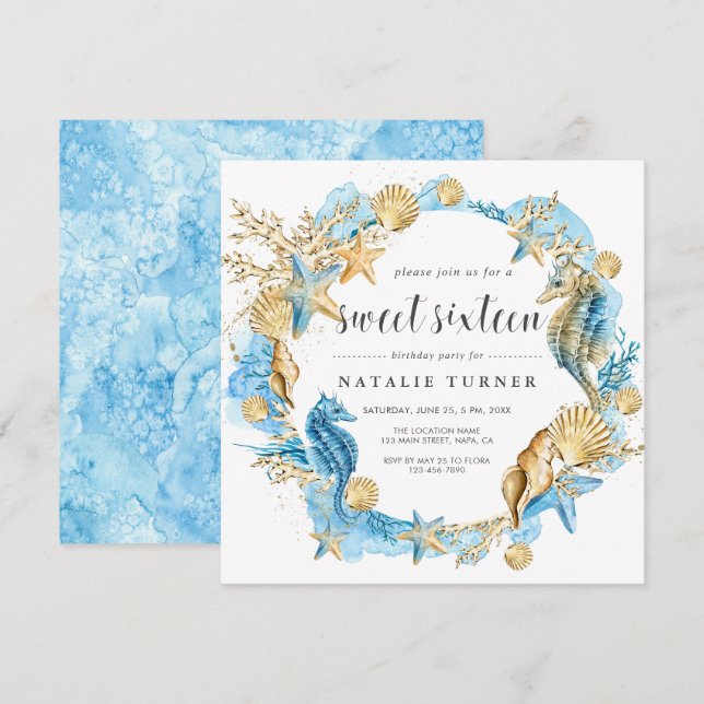 Under Sea Blue & Guld Sweet sixteen Square Inbjudningar (Fram/baksida)