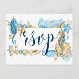 Under Sea Blue Guld White Summer Bröllop OSA Inbjudan Vykort