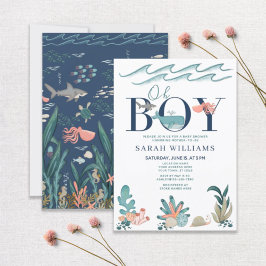 Under Sea Blue Watercolor Oh Boy Baby Shower Inbjudningar