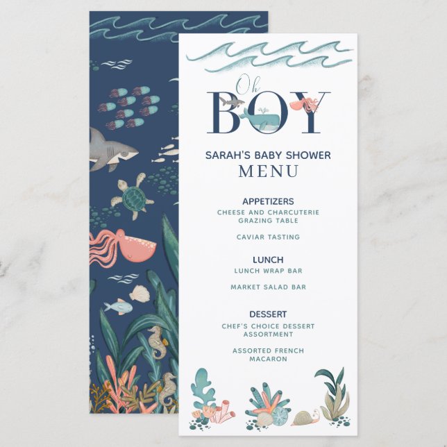 Under Sea Blue Watercolor Oh Boy Shower Menu Meny (Fram/baksida)