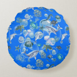 Under Sea Blue Watercolor på blå | Rund Kudde