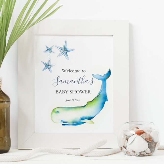 Under Sea Blue Whale Baby Shower Poster (nautical blue whale baby shower posters watercolor art by Victoria Grigaliunas Do Tell A Belle)