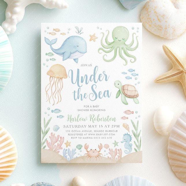 Under Sea Boy Baby Shower Inbjudningar (Under the Sea Baby Shower | Boy's baby shower invitation in blue and green)