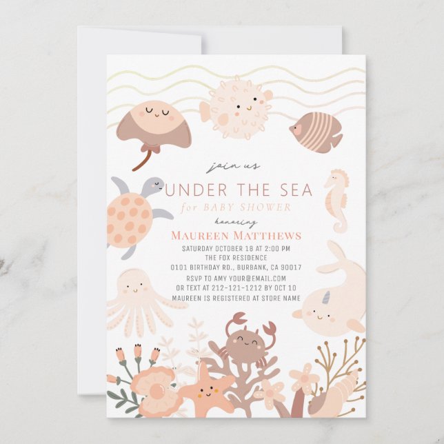 Under Sea Creaters Rosa Boho Baby Shower Inbjudningar (Framsida)