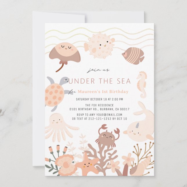 Under Sea Creates Rosa Girl Birthday Inbjudningar (Framsida)