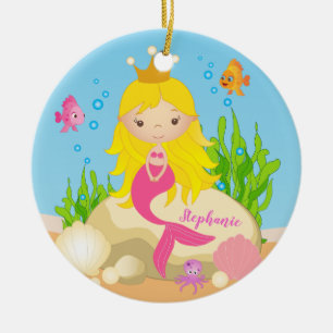 Under Sea Cute Blonde-Sjöjungfruns eget namn Julgransprydnad Keramik