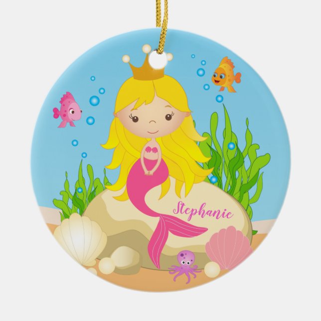 Under Sea Cute Blonde-Sjöjungfruns eget namn Julgransprydnad Keramik (Framsidan)