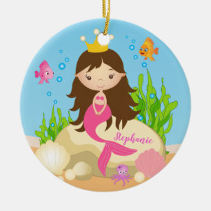Under Sea Cute Brunette-Sjöjungfruns eget namn Julgransprydnad Keramik
