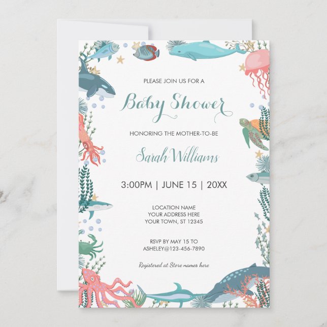 Under Sea Cute Ocean Animals Baby Shower OSA Inbjudningar (Framsida)