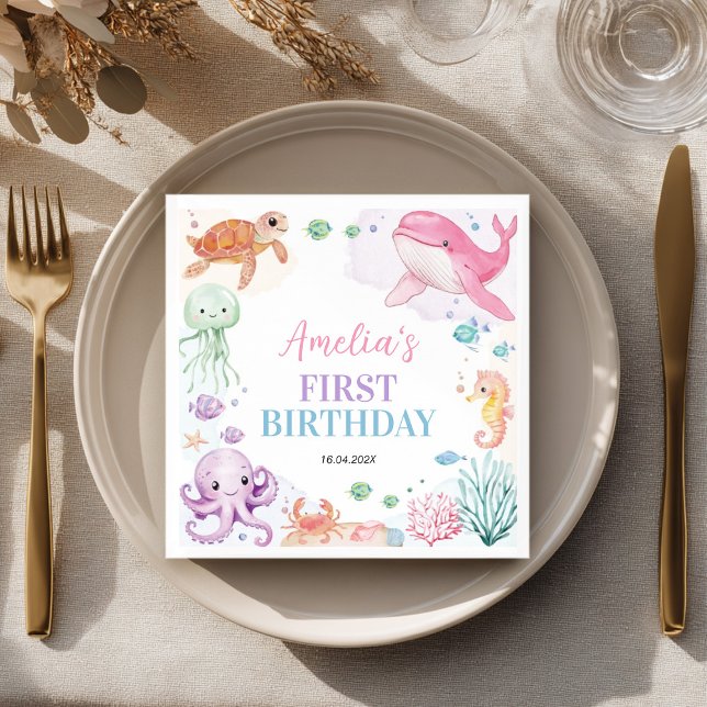 Under Sea Cute Ocean Animals Birthday Napkins Pappersservett (Skapare uppladdad)