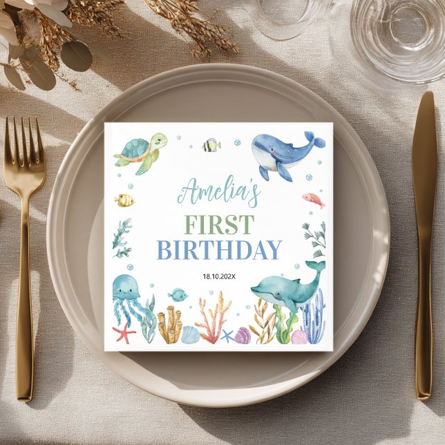 Under Sea Cute Ocean Animals Birthday Napkins Pappersservett (Skapare uppladdad)