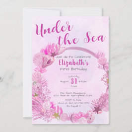 Under Sea Cute Rosa Girl Girl 1:a födelsedagen Par Inbjudningar